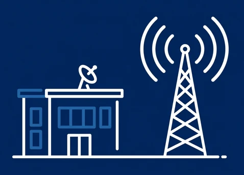 Icon of a transmission mast sending signal arcs to a dish on the roof of a commercial building, representing fixed wireless and cellular internet