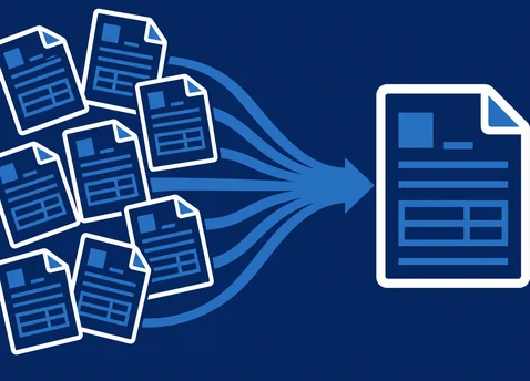 Icon of many separate invoices merging into a single bill, representing multi-location telecom bill consolidation