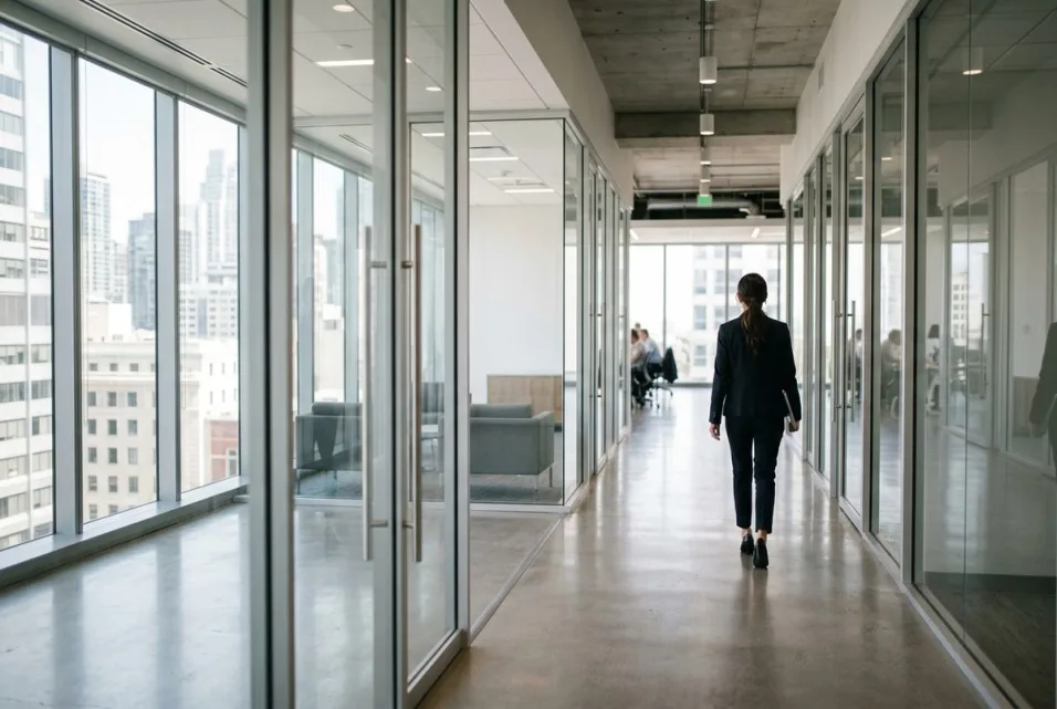 Modern office corridor at a business served by Abadi Group Inc, a nationwide business telecom broker.