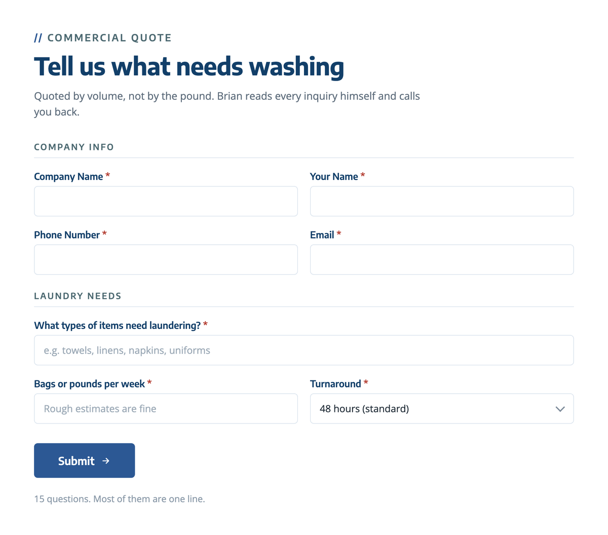 The Laundry Hub commercial laundry quote form, asking for company details, item types and weekly volume
