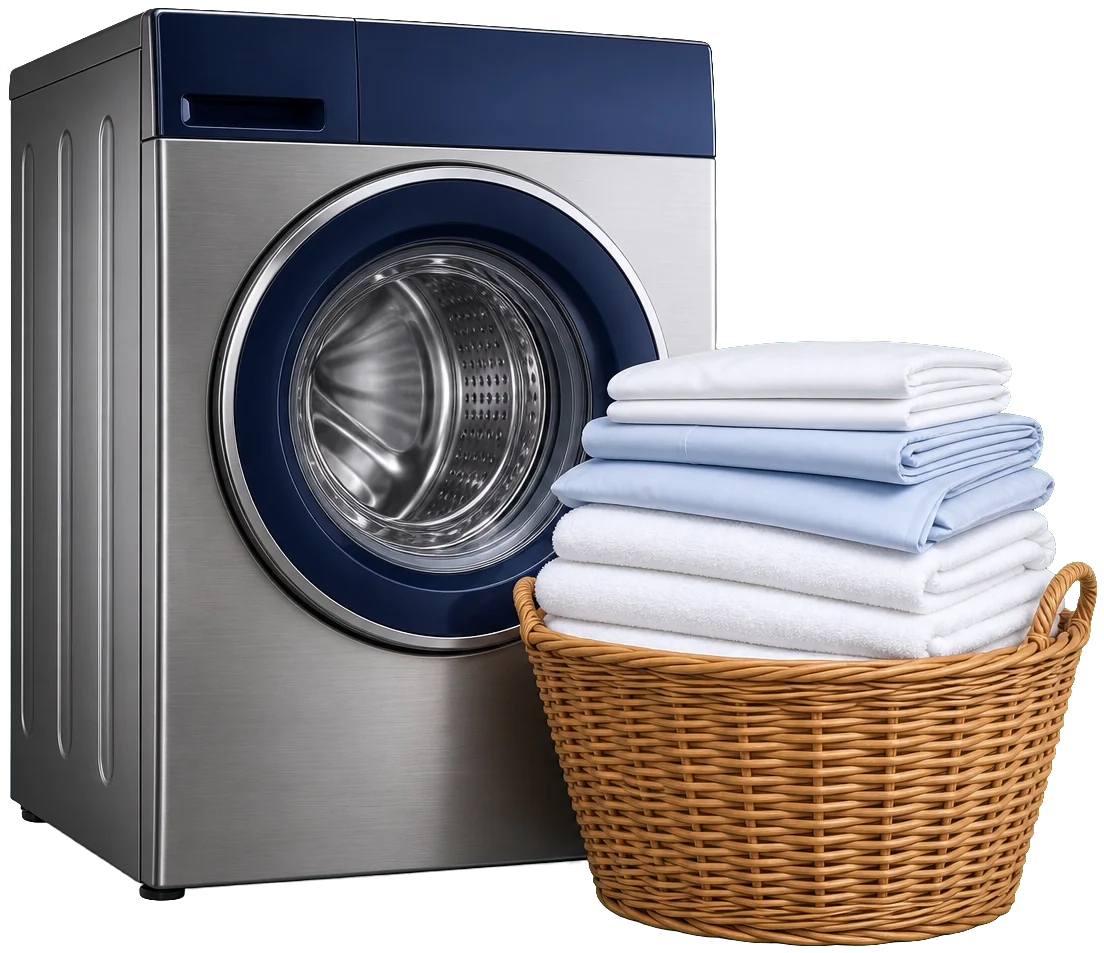 Commercial washing machine beside a wicker basket of folded white and blue sheets and towels for San Francisco businesses